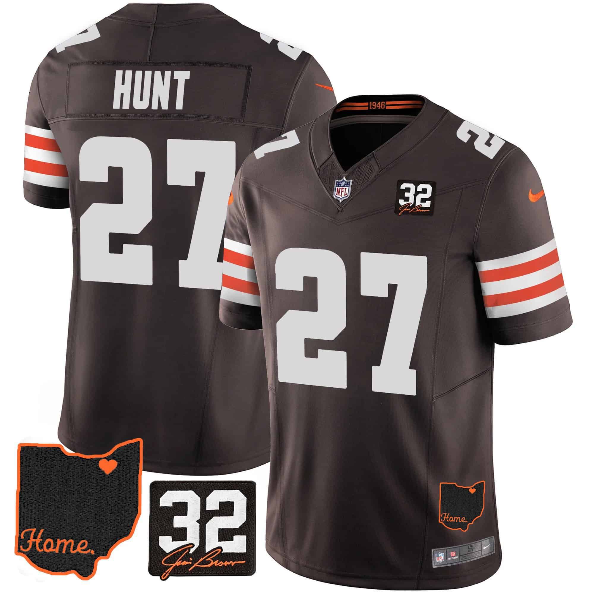 Men Cleveland Browns 27 Hunt Brown Memorial Home Patch 2024 Nike NFL Jersey style 1